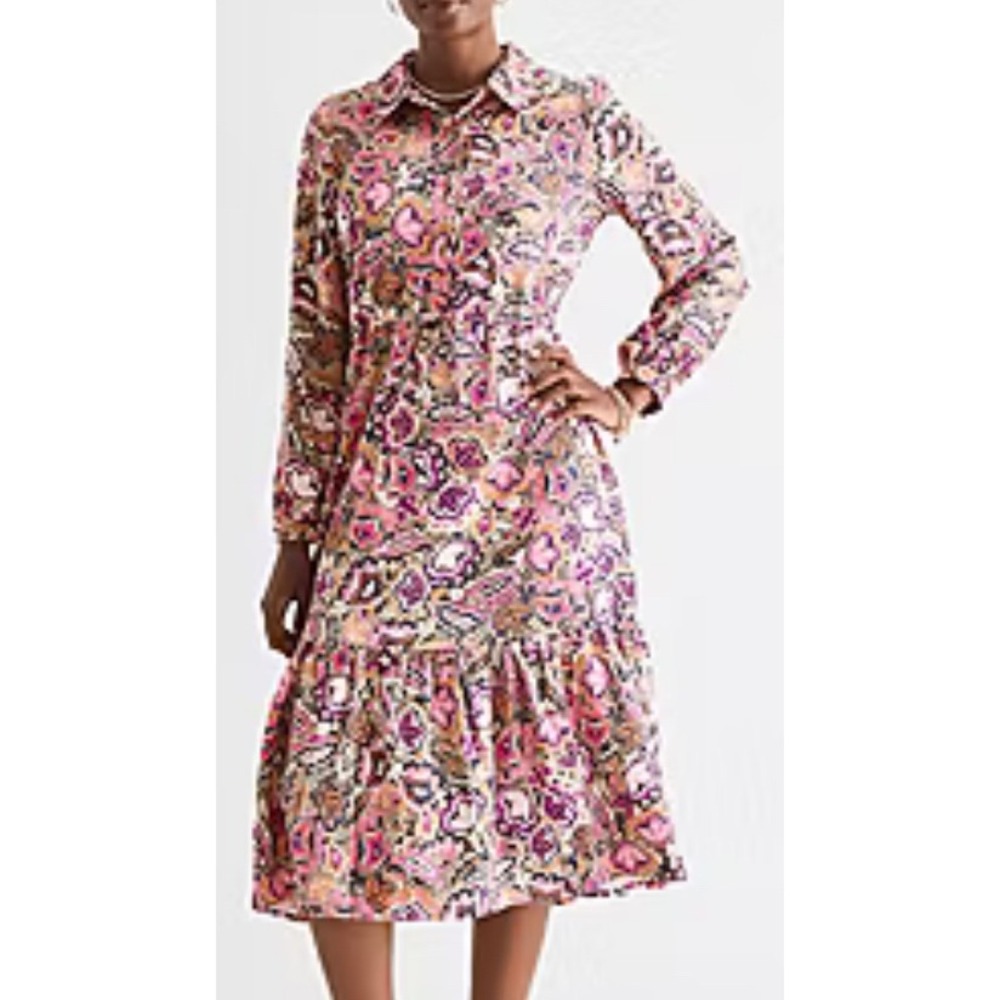 St Johns Bay Womens PXL Beige Floral Paisley Midi‎ Shirt Dress Long Sleeve NWT